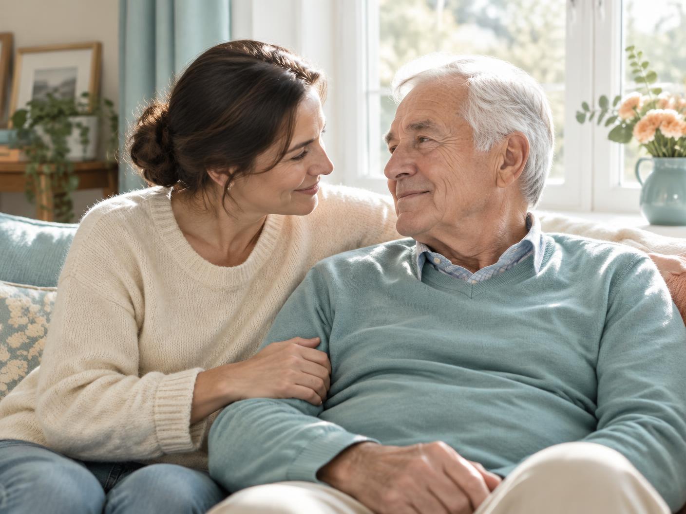 A daughter sharing a caring moment with her older father