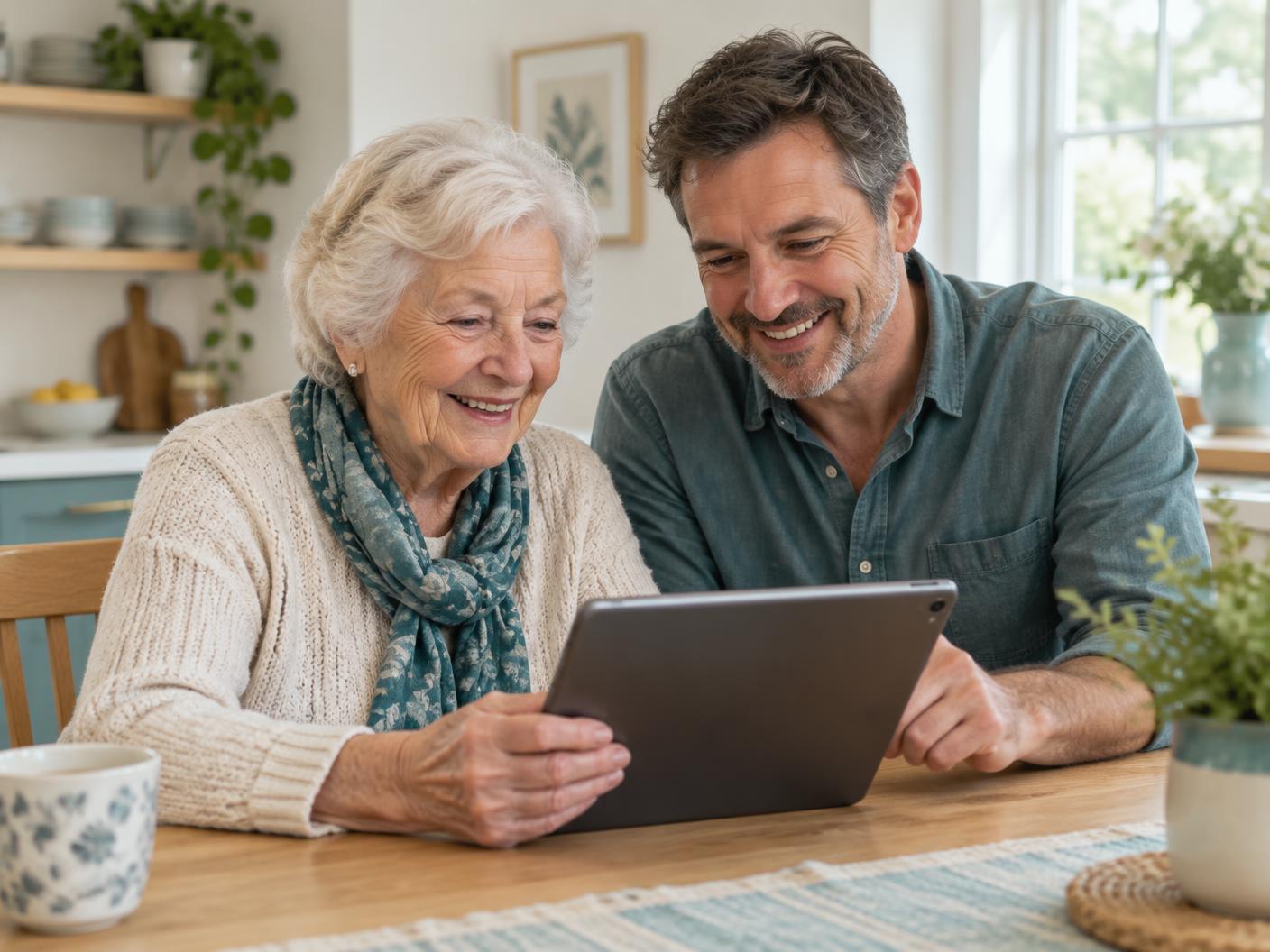 An older woman and her son smiling together while using a tablet